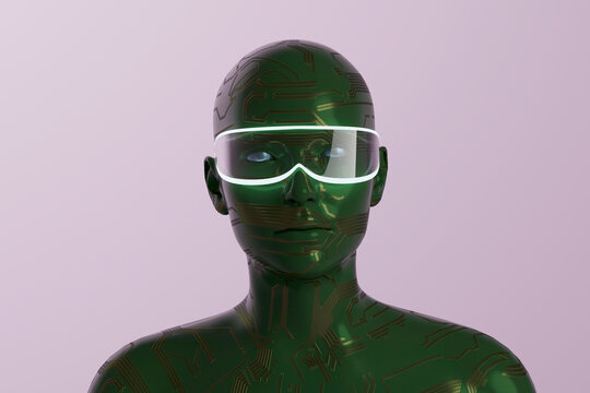 Green circuit humanoid wearing glowing smart visor