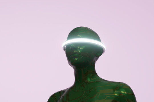 Green circuit humanoid with glowing circular visor