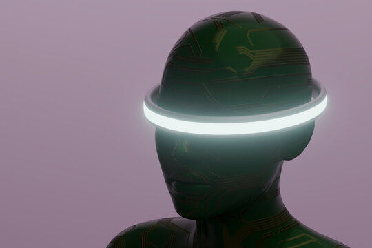 Green circuit humanoid with glowing circular visor