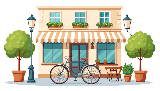 Charming european cafe facade with bicycle and street lamps.