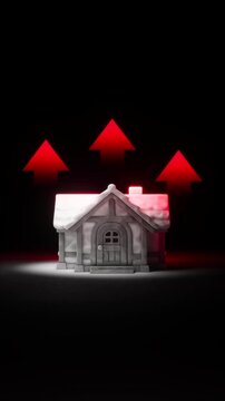 Three Miniature 3D Houses with Curved Glowing Red Upward Arrow
