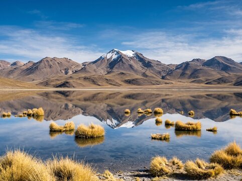 Serene high altitude mountain lake reflecting snow-capped peaks and vibrant yellow tufts of grass under a bright clear blue sky.