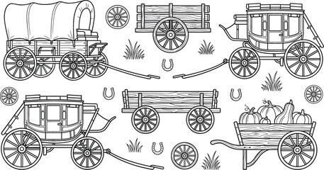 Vintage western carriage and wooden wagon icons set featuring outline linear vector illustrations of wild west pioneer transportation © vector design 