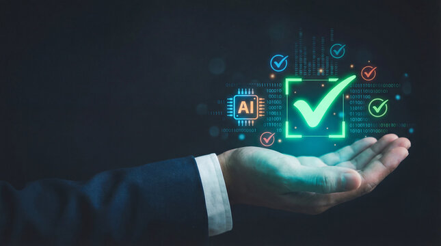 Artificial intelligence check hand business digital verification approval quality assurance technology interface icon binary code concept