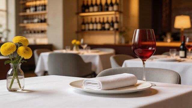 Elegant restaurant table setting with wine