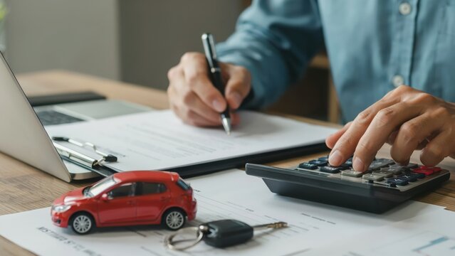 Person calculating car insurance costs using a calculator and signing a contract