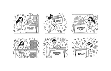 Fototapeta premium Business workflow and data archiving characters working at office desk with stack of files organizing research documents and celebrating completed tasks vector icon collection