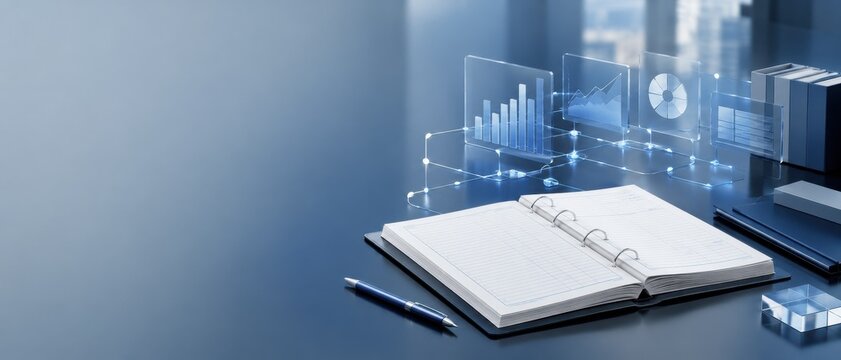Modern office workspace with holographic charts and open notebook