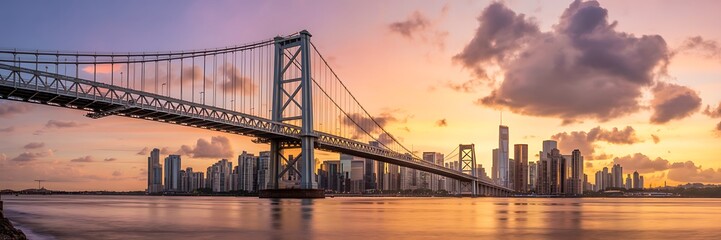 Naklejka premium Dramatic sunset over city bridge and skyscrapers panoramic view as PNG cutout