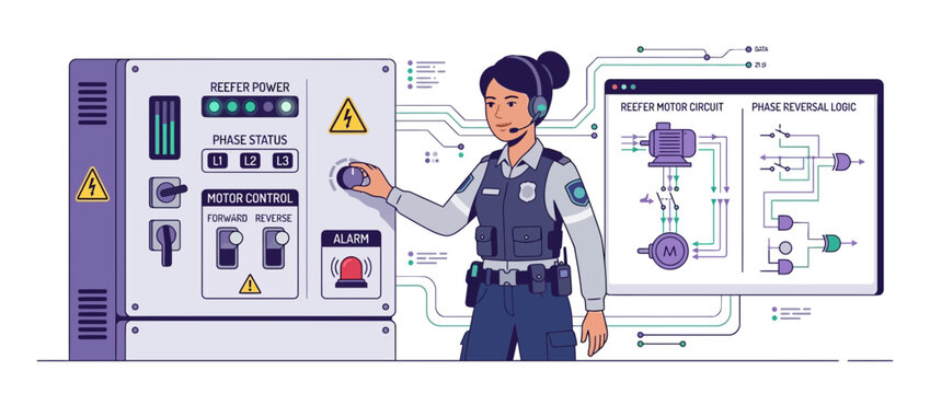 Female engineer operating industrial control panel, monitoring motor circuit diagram on screen.