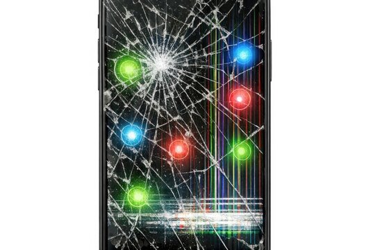 A broken cell phone with a cluster of colorful lights, often used for repair or recycling