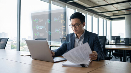 Obraz premium Professional man managing cybersecurity data compliance using technology