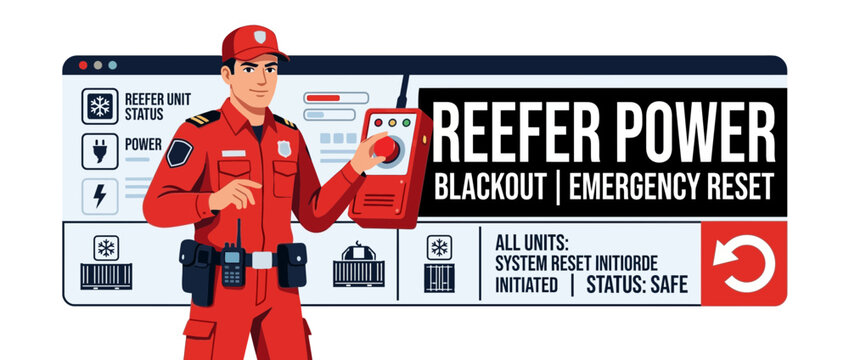 Reefer Power Blackout Emergency Reset: Technician with Control Panel and Status Display