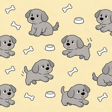 Cute cartoon puppies with bones and bowls