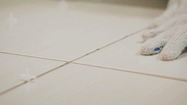 Professional Tile Setter Laying Ceramic Tiles During Remodeling