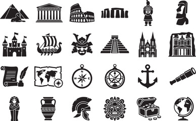 Fototapeta premium Black and white of diverse symbols, and figures animals buildings