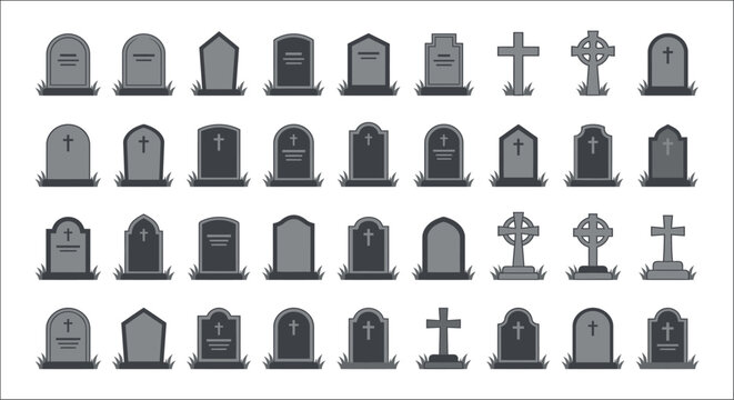 Collection Of Tombstones And Grave Markers Flat Vector Illustration On White Background tombstone marker headstone