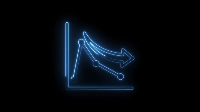 Neon blue glowing downward trend graph with arrow indicating decline and data points on icon