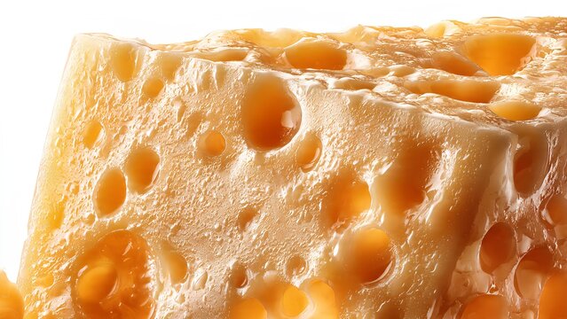 A close-up, macro shot of a delicious block of Swiss cheese with its characteristic holes.
