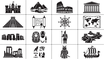 Black and white of various landmarks, symbols, and buildings monuments architecture © hosneara_studio