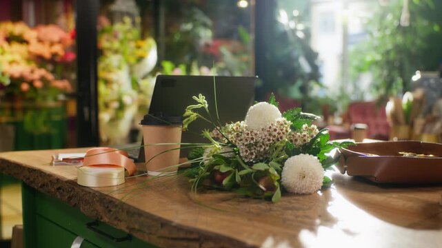 Florist workspace counter holding tablet, coffee cup, ribbon, and fresh flower arrangement in flower shop. Clip is ideal for small business marketing and floristry e-commerce promotions