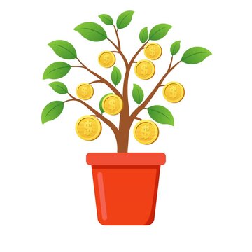 Animation featuring a money tree with coin-shaped fruit, representing concepts of business growth, savings, and profit.