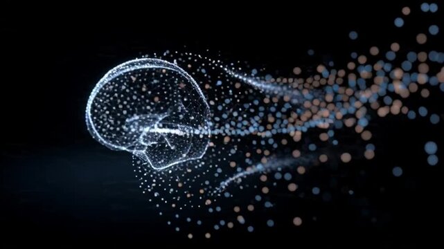 Abstract particle cloud forming a human brain in side profile