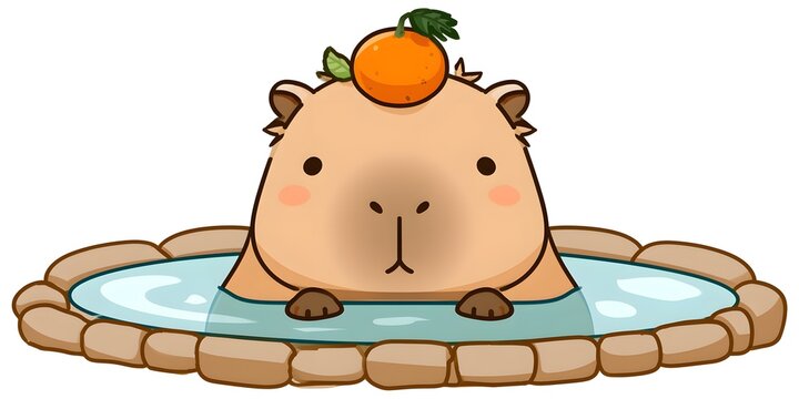 Adorable capybara relaxing in hot spring with orange on head, kawaii style, clean outlines, pastel palette, transparent background.
