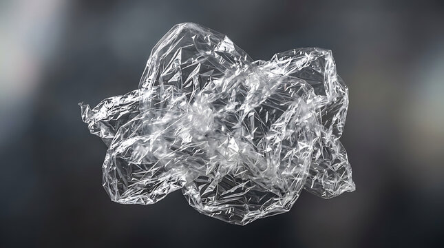 Crumpled plastic wrap texture floating on dark background, transparent cellophane packaging material sheet overlay