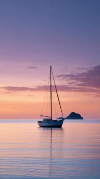 Tranquil sunset scene features a sailboat resting on calm waters, its reflection mirroring the vibrant hues of the sky, with a distant island adding to the serene atmosphere