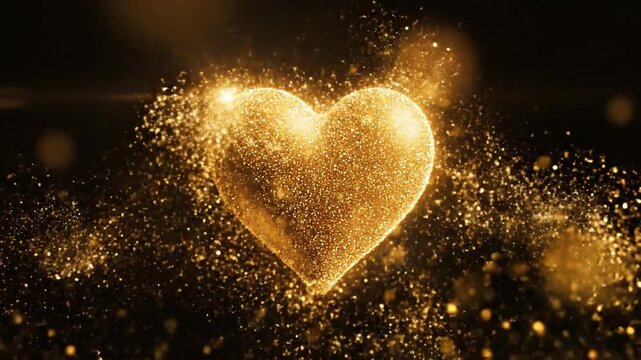 Sparkling golden heart shape glowing and pulsating with warm light particles on black background