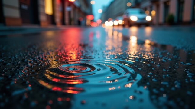 Vista detallada de gotas de lluvia cayendo sobre un charco en asfalto oscuro