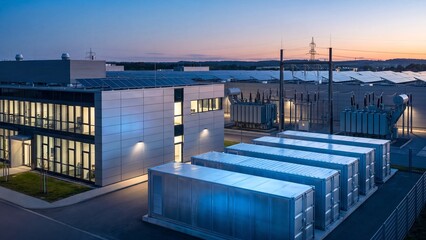Obraz premium Industrial energy storage plant, battery containers with power transformers, office building and rooftop solar panels at dusk, energy management operations, grid modernization and clean power supply
