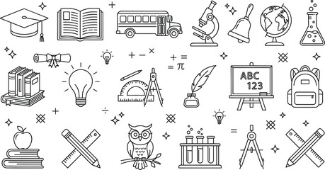 Education and back to school line art icon set featuring graduation cap bus books microscope blackboard and owl symbols © vector design 