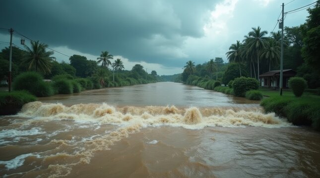 Inundaci&oacute;n repentina causada por lluvias torrenciales, r&iacute;o desbordado que atraviesa un paisaje rural, nubes de tormenta