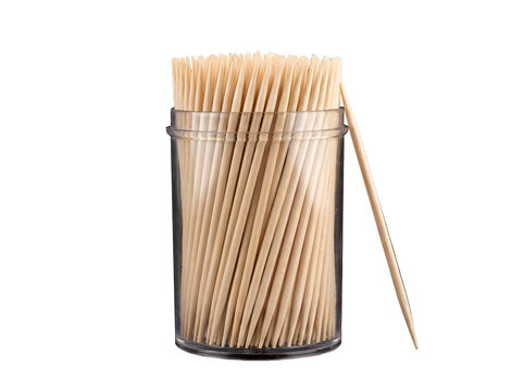 Clear plastic container filled with wooden toothpicks isolated on transparent background