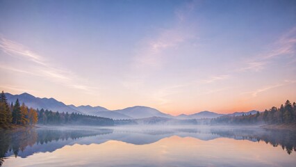 Fototapeta premium Tranquil landscape at dawn with mist over calm lake and mountains