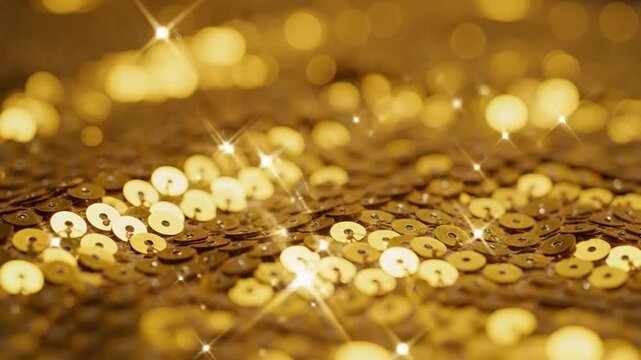 Sparkling golden sequins reflecting light in a glamorous and festive shimmering texture