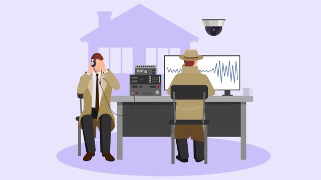 2D Animated Police Officers working in Security Surveillance Control Room with Monitors and CCTV Screen Flat Vector Character Animation Footage