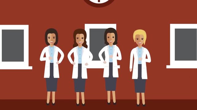 2D Animated Group of Professional Female Doctors Standing in Front of Hospital Medical Clinic Building Flat Vector Character Animation Footage