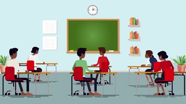 2D Animated Classroom with School Teacher and Students Sitting at Desks Studying Lesson in Front of Blackboard Flat Vector Character Animation