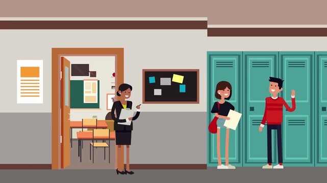2D Animated High School Corridor Hallway with School Principal and Students Standing by Lockers Flat Vector Character Animation Footage