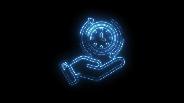 Neon blue hand holding clock with circular arrows time management concept digital animation... icon
