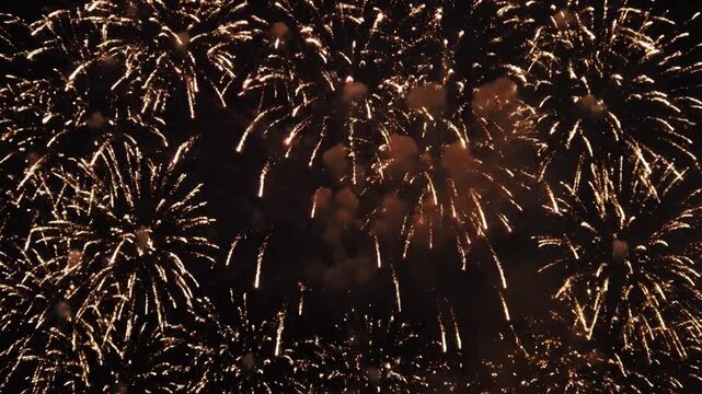 Spectacular nighttime fireworks display with vibrant colored bursts expanding in the dark sky