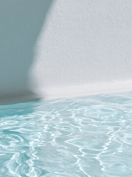 白い壁と水面の光が揺れるミニマルなプール背景、爽やかな夏の抽象素材 / Minimal pool background with white wall and shimmering water light, fresh summer abstract material