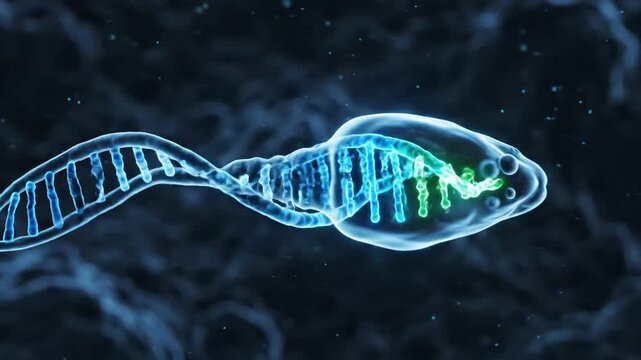 Sperm cell swimming with a glowing DNA double helix inside its head for reproductive science