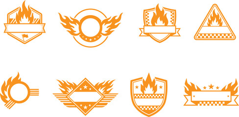 Vintage racing emblems collection eight golden fire themed badges with ribbons and checkered flags © MDATIKUR
