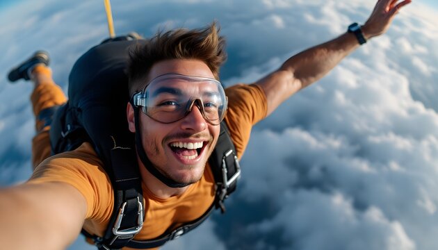 High angle selfie of a young happy man wearing goggles and jumpsuit skydiving high above white clouds in blue sky.