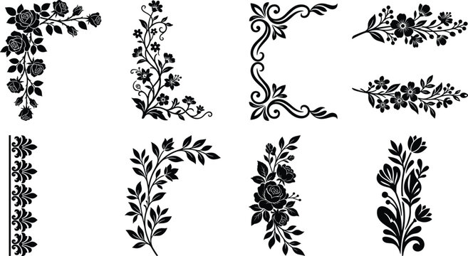 Floral decorative silhouette collection, ornamental flowers, leaves, vines, corner motifs, border design, vector illustration, stock image