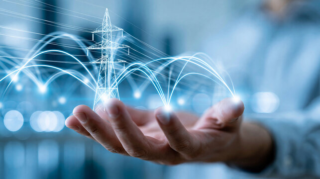 AI-powered system enhancing smart grid management by analyzing energy demand consumption patterns and grid performance to optimize power distribution, energy technology concept,